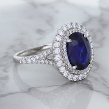 Load image into Gallery viewer, 3.75ct Oval Blue Sapphire Ring with Diamond Halo in 18K White Gold