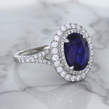 Load image into Gallery viewer, 3.75ct Oval Blue Sapphire Ring with Diamond Halo in 18K White Gold