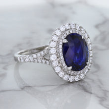 Load image into Gallery viewer, 3.75ct Oval Blue Sapphire Ring with Diamond Halo in 18K White Gold