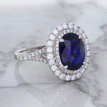 Load image into Gallery viewer, 3.75ct Oval Blue Sapphire Ring with Diamond Halo in 18K White Gold