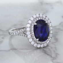 Load image into Gallery viewer, 3.75ct Oval Blue Sapphire Ring with Diamond Halo in 18K White Gold