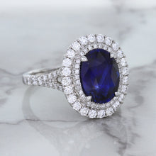 Load image into Gallery viewer, 3.75ct Oval Blue Sapphire Ring with Diamond Halo in 18K White Gold