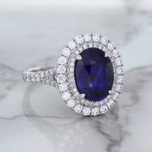 Load image into Gallery viewer, 3.75ct Oval Blue Sapphire Ring with Diamond Halo in 18K White Gold