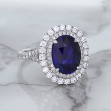 Load image into Gallery viewer, 3.75ct Oval Blue Sapphire Ring with Diamond Halo in 18K White Gold