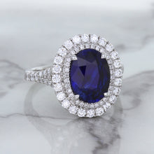 Load image into Gallery viewer, 3.75ct Oval Blue Sapphire Ring with Diamond Halo in 18K White Gold
