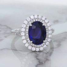 Load image into Gallery viewer, 3.75ct Oval Blue Sapphire Ring with Diamond Halo in 18K White Gold
