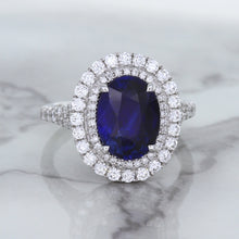 Load image into Gallery viewer, 3.75ct Oval Blue Sapphire Ring with Diamond Halo in 18K White Gold