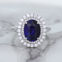 Load image into Gallery viewer, 3.75ct Oval Blue Sapphire Ring with Diamond Halo in 18K White Gold