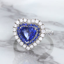 Load image into Gallery viewer, 2.07ct Heart Shape Blue Sapphire Ring with Sapphire and Diamond Halo in 18K White Gold