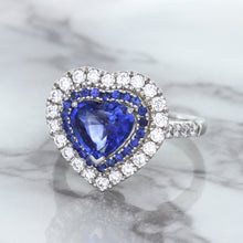 Load image into Gallery viewer, 2.07ct Heart Shape Blue Sapphire Ring with Sapphire and Diamond Halo in 18K White Gold