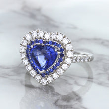 Load image into Gallery viewer, 2.07ct Heart Shape Blue Sapphire Ring with Sapphire and Diamond Halo in 18K White Gold