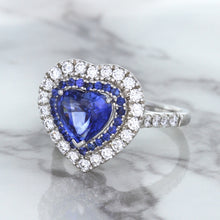 Load image into Gallery viewer, 2.07ct Heart Shape Blue Sapphire Ring with Sapphire and Diamond Halo in 18K White Gold