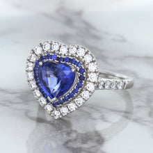Load image into Gallery viewer, 2.07ct Heart Shape Blue Sapphire Ring with Sapphire and Diamond Halo in 18K White Gold
