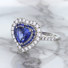Load image into Gallery viewer, 2.07ct Heart Shape Blue Sapphire Ring with Sapphire and Diamond Halo in 18K White Gold