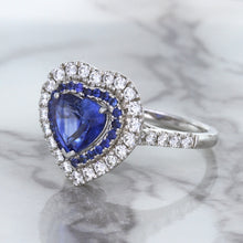 Load image into Gallery viewer, 2.07ct Heart Shape Blue Sapphire Ring with Sapphire and Diamond Halo in 18K White Gold
