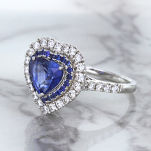 Load image into Gallery viewer, 2.07ct Heart Shape Blue Sapphire Ring with Sapphire and Diamond Halo in 18K White Gold
