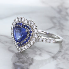Load image into Gallery viewer, 2.07ct Heart Shape Blue Sapphire Ring with Sapphire and Diamond Halo in 18K White Gold