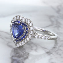 Load image into Gallery viewer, 2.07ct Heart Shape Blue Sapphire Ring with Sapphire and Diamond Halo in 18K White Gold