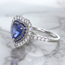 Load image into Gallery viewer, 2.07ct Heart Shape Blue Sapphire Ring with Sapphire and Diamond Halo in 18K White Gold