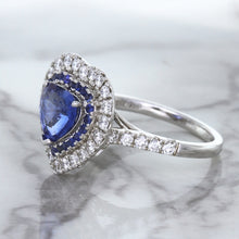 Load image into Gallery viewer, 2.07ct Heart Shape Blue Sapphire Ring with Sapphire and Diamond Halo in 18K White Gold