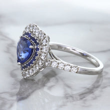 Load image into Gallery viewer, 2.07ct Heart Shape Blue Sapphire Ring with Sapphire and Diamond Halo in 18K White Gold