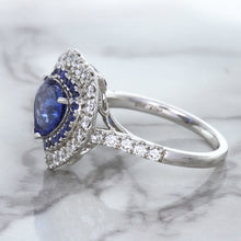 Load image into Gallery viewer, 2.07ct Heart Shape Blue Sapphire Ring with Sapphire and Diamond Halo in 18K White Gold