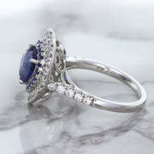Load image into Gallery viewer, 2.07ct Heart Shape Blue Sapphire Ring with Sapphire and Diamond Halo in 18K White Gold