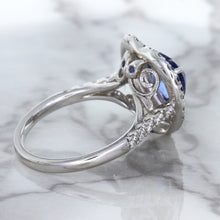Load image into Gallery viewer, 2.07ct Heart Shape Blue Sapphire Ring with Sapphire and Diamond Halo in 18K White Gold