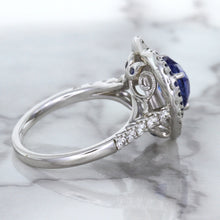 Load image into Gallery viewer, 2.07ct Heart Shape Blue Sapphire Ring with Sapphire and Diamond Halo in 18K White Gold