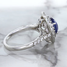 Load image into Gallery viewer, 2.07ct Heart Shape Blue Sapphire Ring with Sapphire and Diamond Halo in 18K White Gold