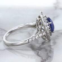 Load image into Gallery viewer, 2.07ct Heart Shape Blue Sapphire Ring with Sapphire and Diamond Halo in 18K White Gold