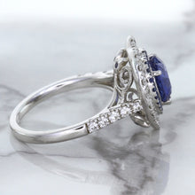 Load image into Gallery viewer, 2.07ct Heart Shape Blue Sapphire Ring with Sapphire and Diamond Halo in 18K White Gold