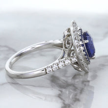 Load image into Gallery viewer, 2.07ct Heart Shape Blue Sapphire Ring with Sapphire and Diamond Halo in 18K White Gold