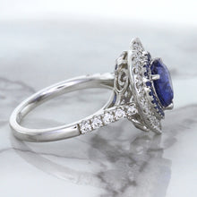 Load image into Gallery viewer, 2.07ct Heart Shape Blue Sapphire Ring with Sapphire and Diamond Halo in 18K White Gold
