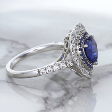 Load image into Gallery viewer, 2.07ct Heart Shape Blue Sapphire Ring with Sapphire and Diamond Halo in 18K White Gold