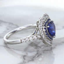 Load image into Gallery viewer, 2.07ct Heart Shape Blue Sapphire Ring with Sapphire and Diamond Halo in 18K White Gold