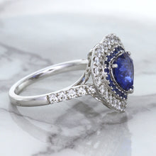 Load image into Gallery viewer, 2.07ct Heart Shape Blue Sapphire Ring with Sapphire and Diamond Halo in 18K White Gold