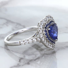 Load image into Gallery viewer, 2.07ct Heart Shape Blue Sapphire Ring with Sapphire and Diamond Halo in 18K White Gold