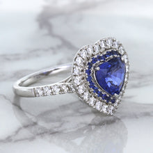 Load image into Gallery viewer, 2.07ct Heart Shape Blue Sapphire Ring with Sapphire and Diamond Halo in 18K White Gold