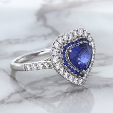 Load image into Gallery viewer, 2.07ct Heart Shape Blue Sapphire Ring with Sapphire and Diamond Halo in 18K White Gold