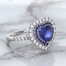 Load image into Gallery viewer, 2.07ct Heart Shape Blue Sapphire Ring with Sapphire and Diamond Halo in 18K White Gold