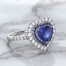 Load image into Gallery viewer, 2.07ct Heart Shape Blue Sapphire Ring with Sapphire and Diamond Halo in 18K White Gold