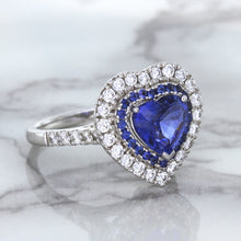 Load image into Gallery viewer, 2.07ct Heart Shape Blue Sapphire Ring with Sapphire and Diamond Halo in 18K White Gold
