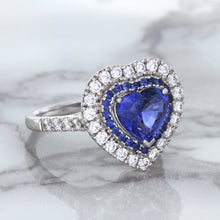 Load image into Gallery viewer, 2.07ct Heart Shape Blue Sapphire Ring with Sapphire and Diamond Halo in 18K White Gold