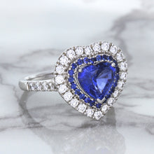 Load image into Gallery viewer, 2.07ct Heart Shape Blue Sapphire Ring with Sapphire and Diamond Halo in 18K White Gold