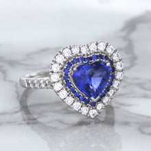Load image into Gallery viewer, 2.07ct Heart Shape Blue Sapphire Ring with Sapphire and Diamond Halo in 18K White Gold