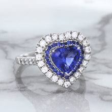 Load image into Gallery viewer, 2.07ct Heart Shape Blue Sapphire Ring with Sapphire and Diamond Halo in 18K White Gold