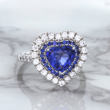 Load image into Gallery viewer, 2.07ct Heart Shape Blue Sapphire Ring with Sapphire and Diamond Halo in 18K White Gold