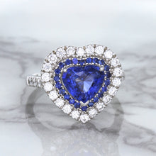 Load image into Gallery viewer, 2.07ct Heart Shape Blue Sapphire Ring with Sapphire and Diamond Halo in 18K White Gold