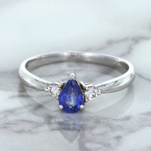 Load image into Gallery viewer, 0.59ct Pear Blue Sapphire Ring with diamond accents in 14K White Gold